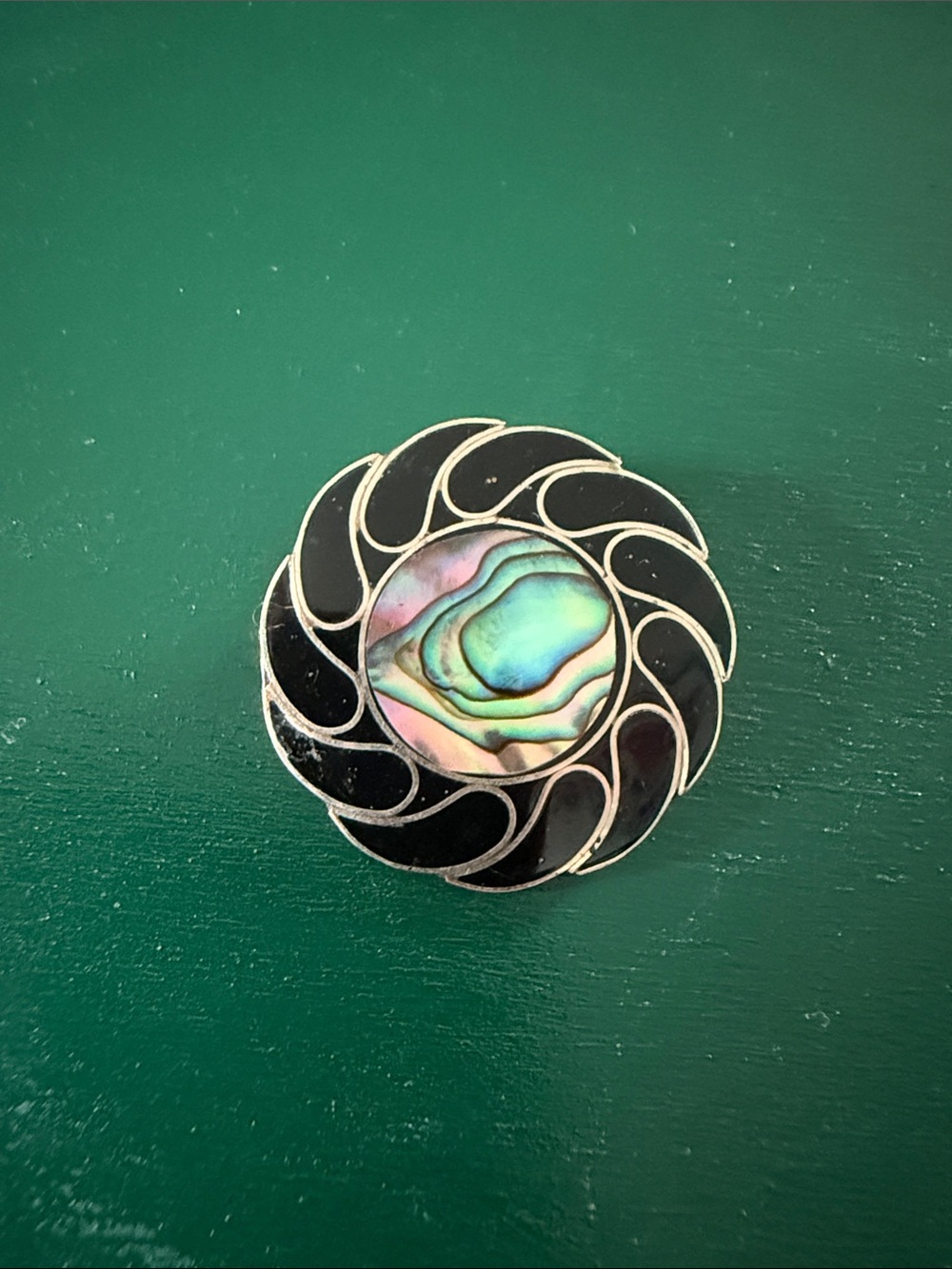 Alpaca Mexico Abalone Center Black Enamel Swirl Brooch-Pendant